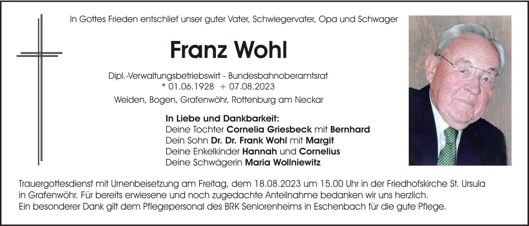 Traueranzeige Franz Wohl, Weiden