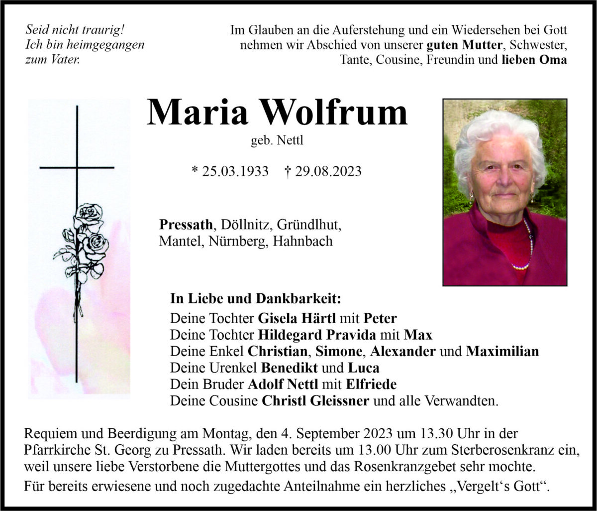 Traueranzeige Maria Wolfrum, Pressath