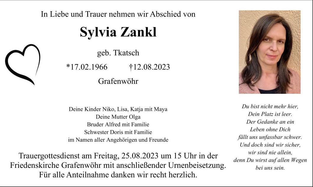 Traueranzeige Sylvia Zankl, Grafenwöhr