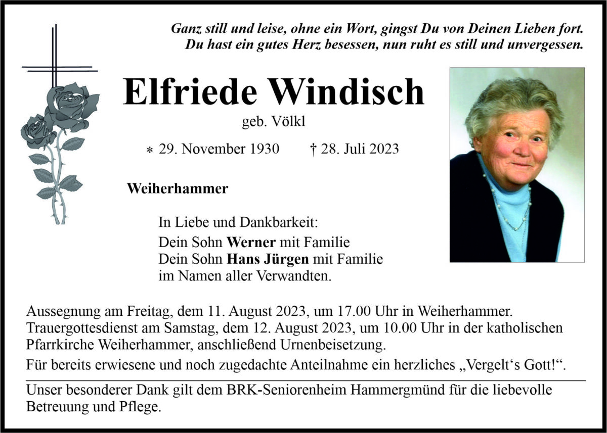 Traueranzeige Elfriede Windisch, Weiherhammer