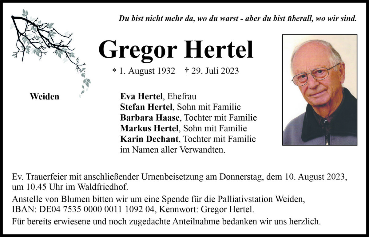 Traueranzeige Gregor Hertel, Weiden