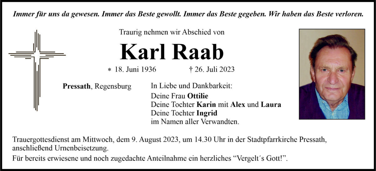 Traueranzeige Karl Raab, Pressath
