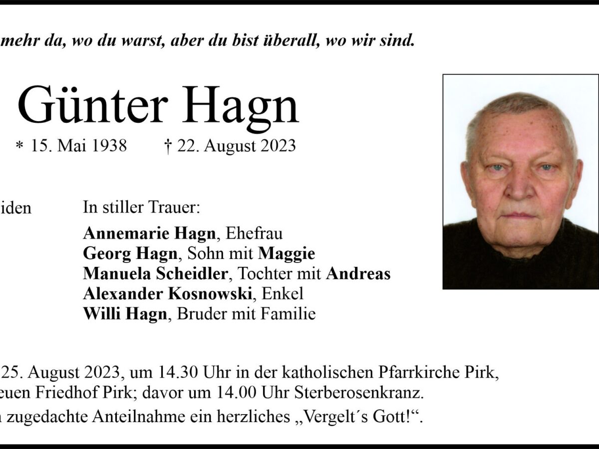 Traueranzeige Günter Hagn, Pirk
