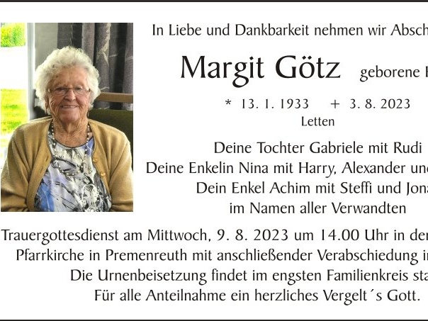 Traueranzeige Margit Götz, Letten