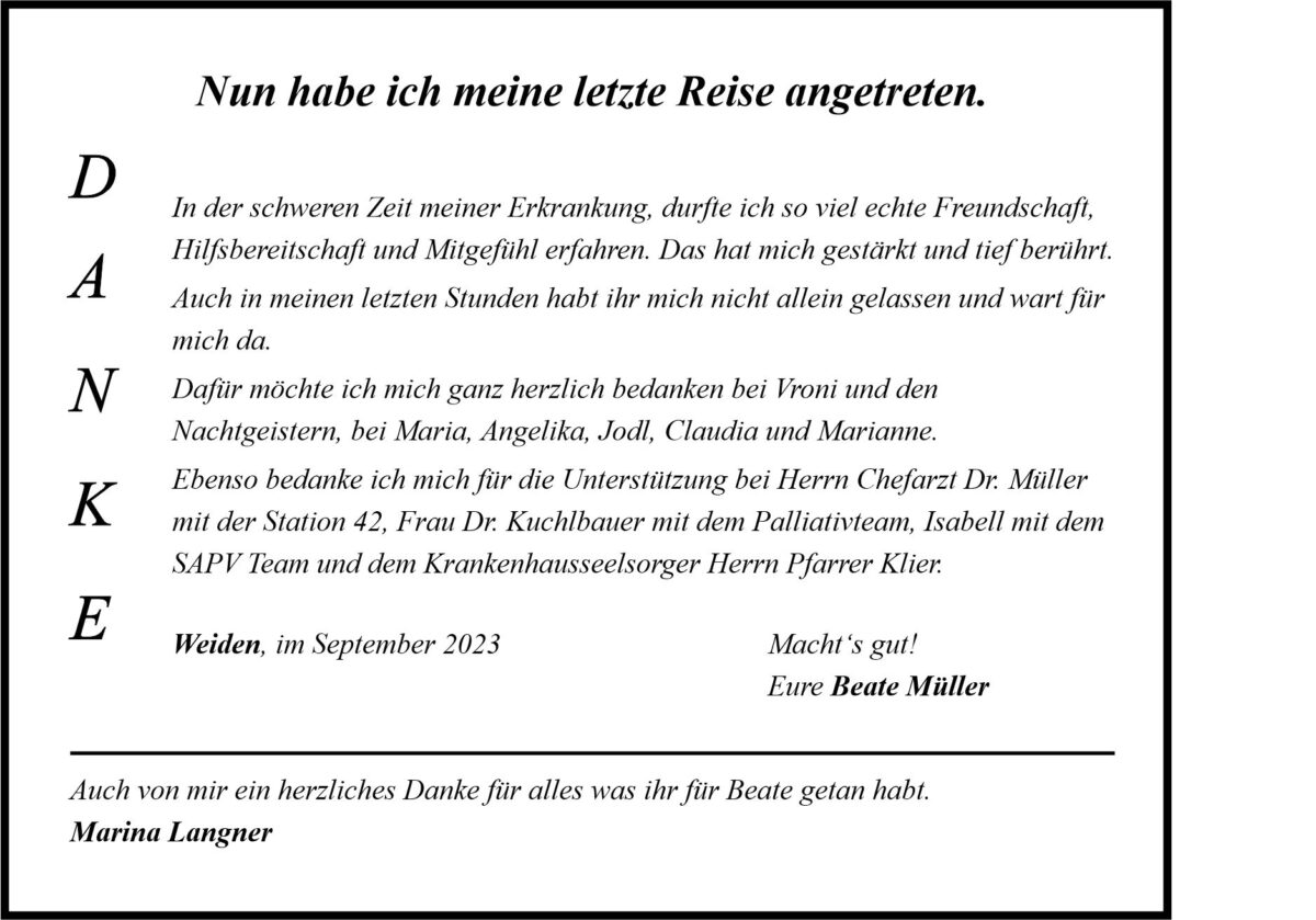 Danksagung Beate Müller, Weiden