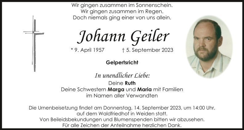Traueranzeige Johann Geiler, Gelpertsricht