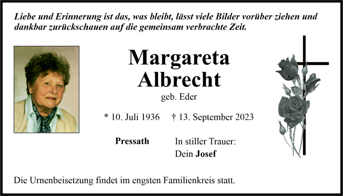 Traueranzeige Margareta Albrecht, Pressath