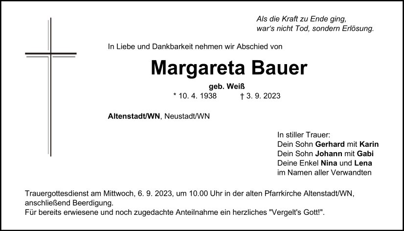 Traueranzeige Margareta Bauer, Altenstadt/WN