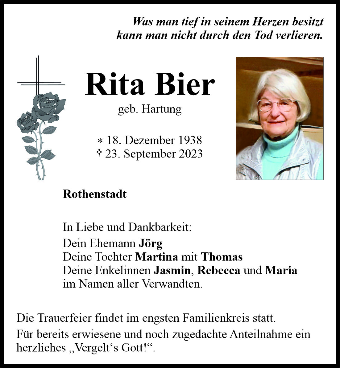 Traueranzeige Rita Bier, Rothenstadt