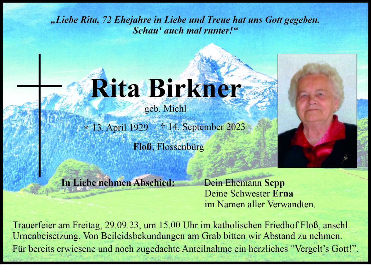 Traueranzeige Rita Birkner, Floß