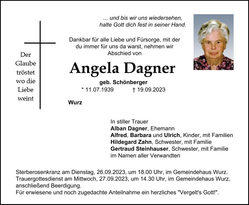 Traueranzeige Angela Dagner, Wurz