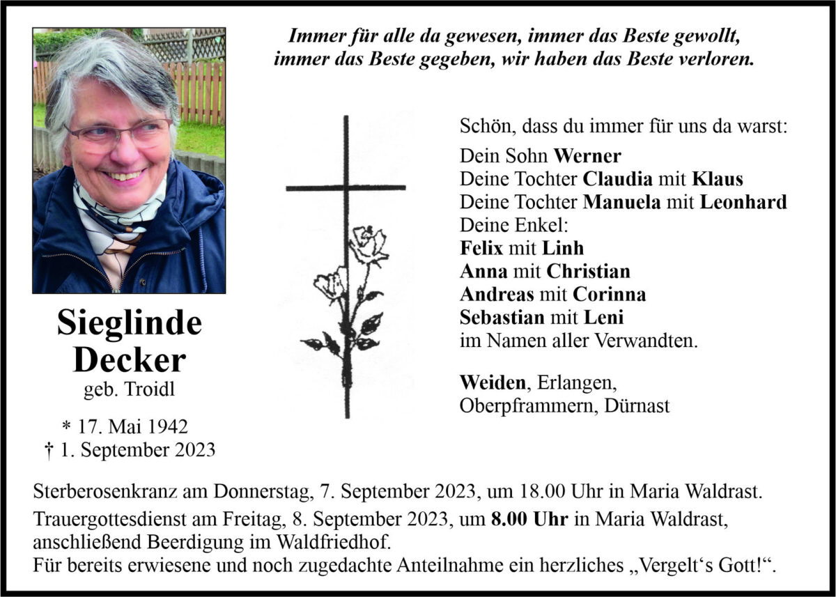 Traueranzeige Sieglinde Decker, Weiden