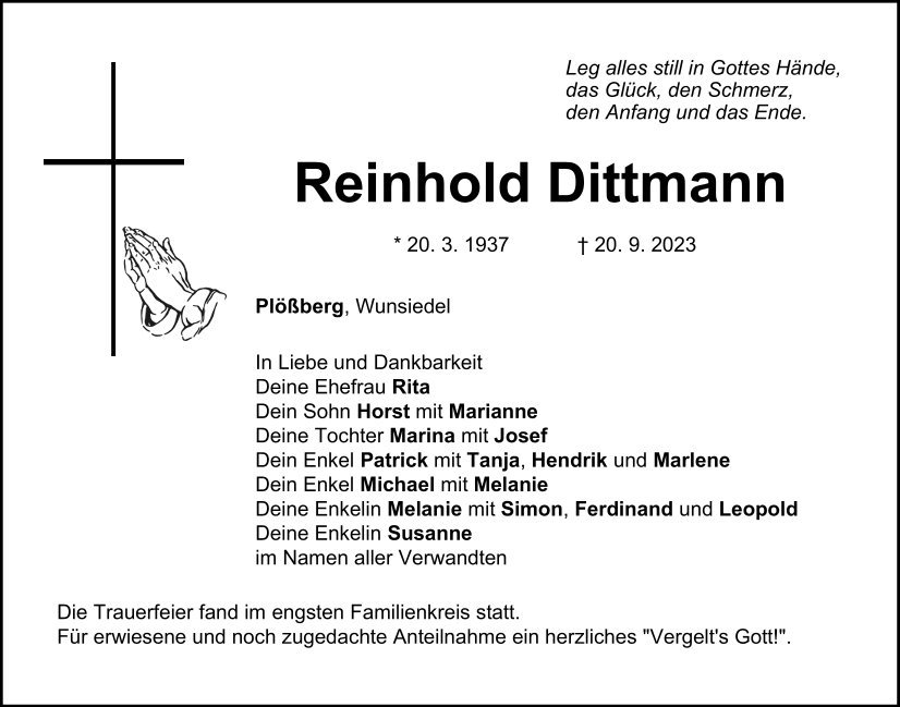 Traueranzeige Reinhold Dittmann, Plößberg