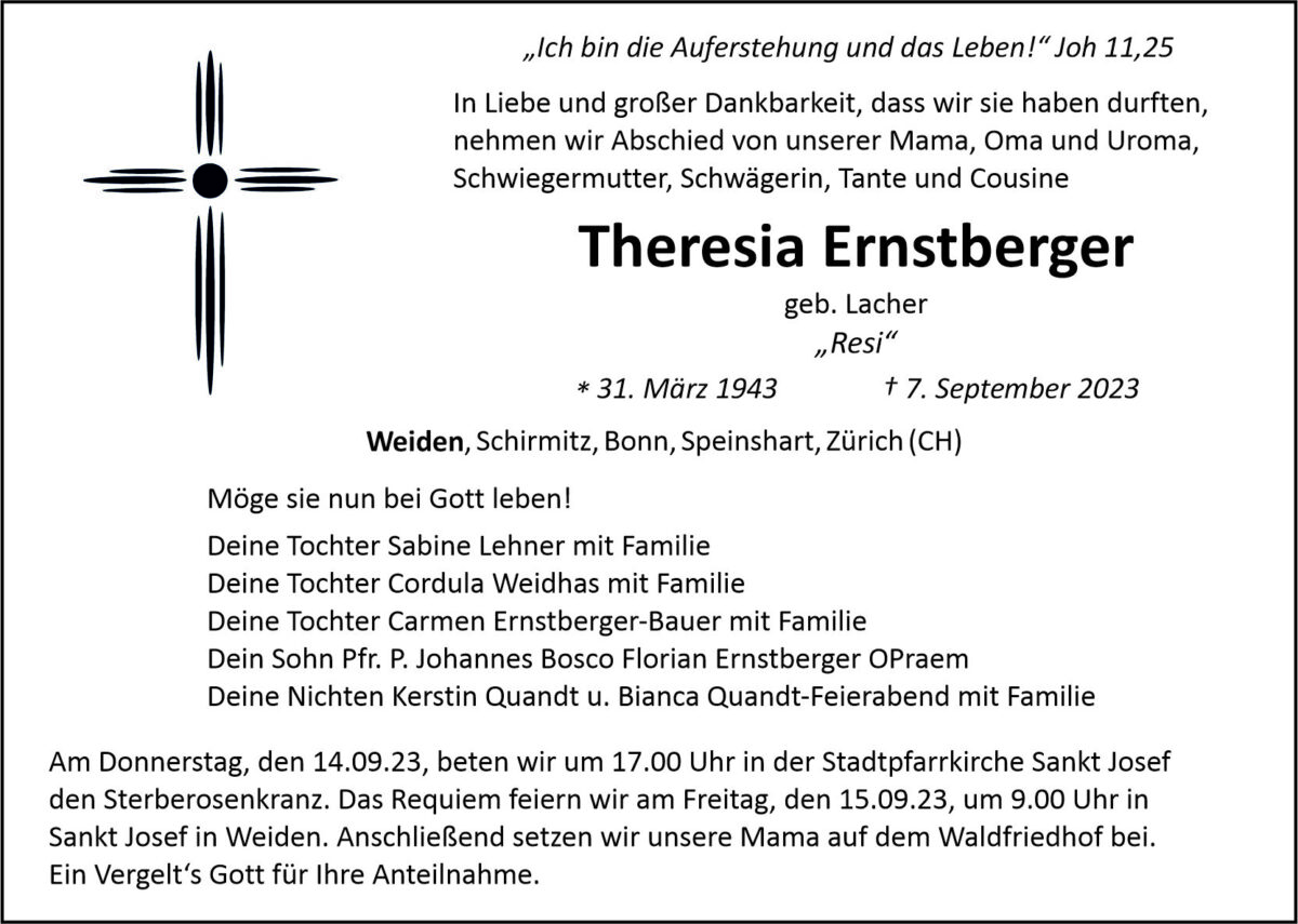 Traueranzeige Theresia Ernstberger, Weiden