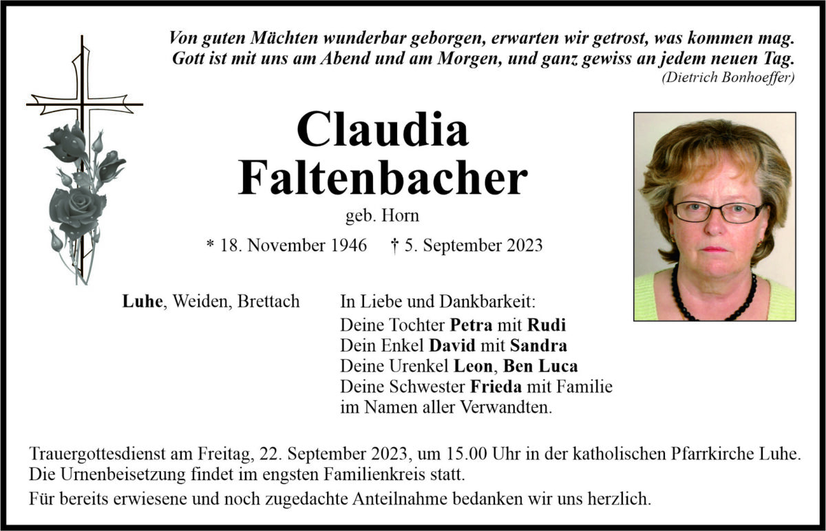 Traueranzeige Claudia Faltenbach, Luhe