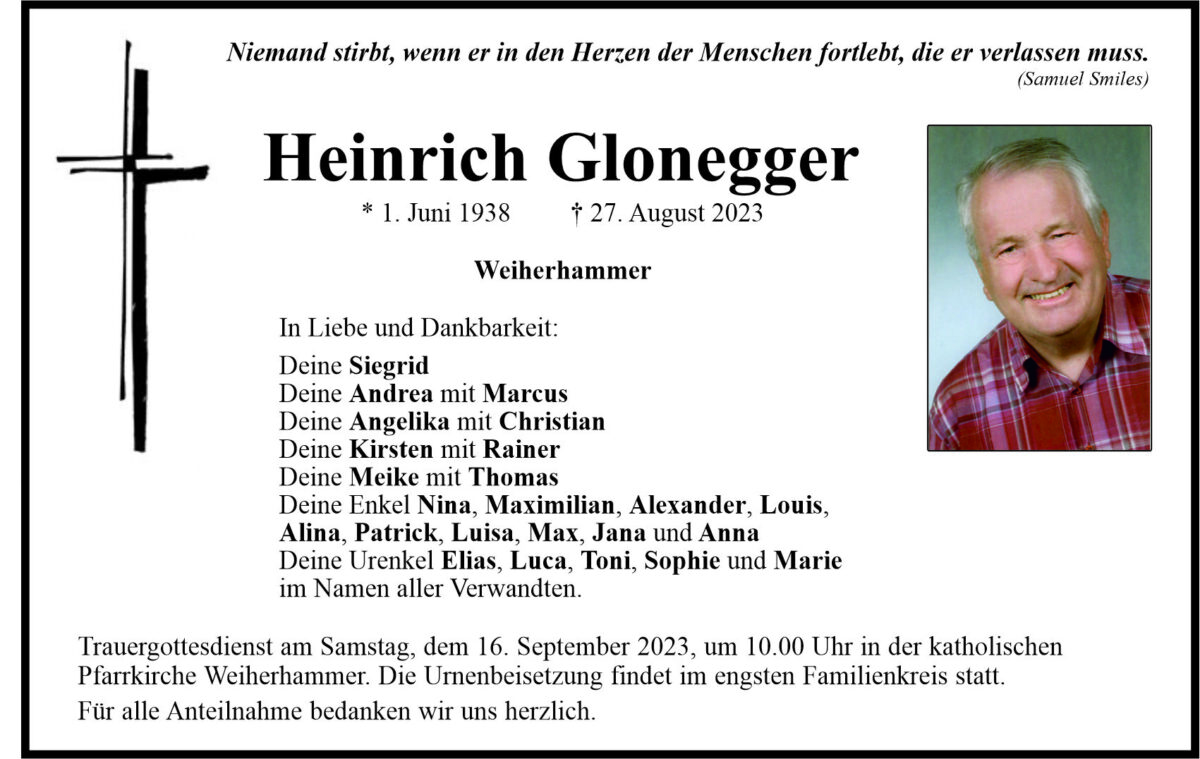 Traueranzeige Heinrich Glonegger, Weiherhammer