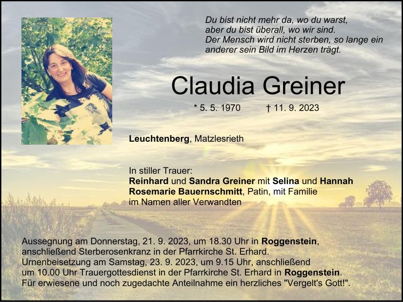 Traueranzeige Claudia Greiner, Leuchtenberg