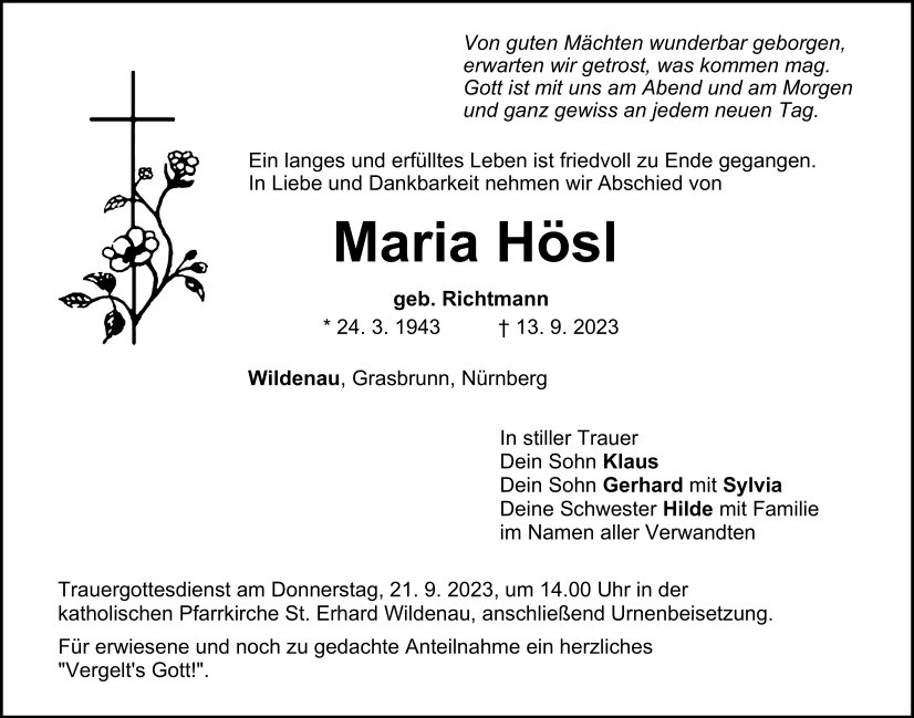 Traueranzeige Maria Hösl, Wildenau
