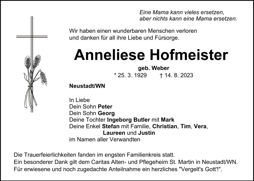 Traueranzeige Anneliese Hofmeister, Neustadt/WN