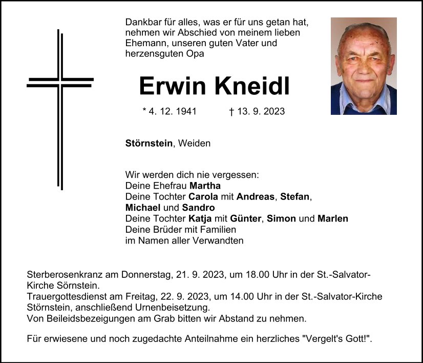 Traueranzeige Erwin Kneidl, Störnstein