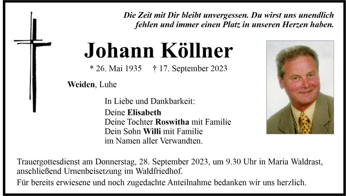 Traueranzeige Johann Köllner, Weiden