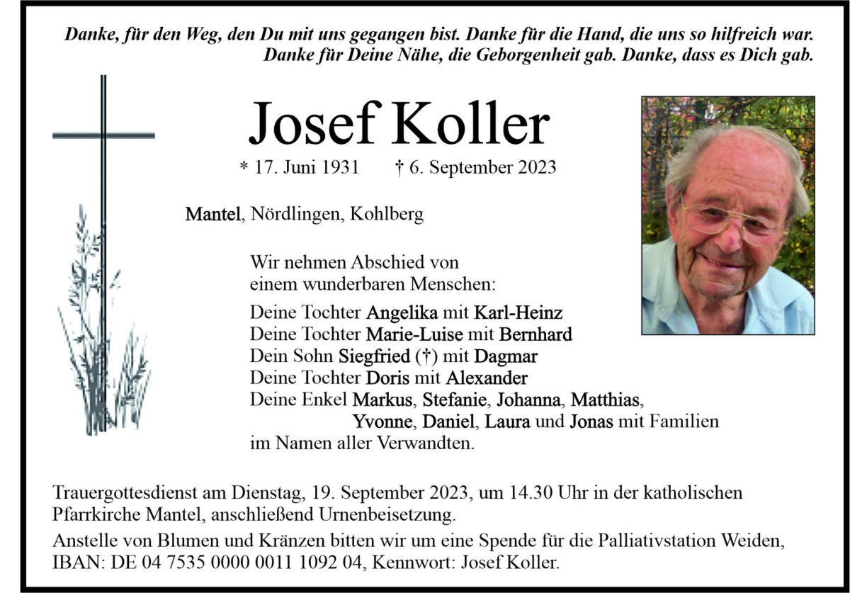 Traueranzeige Josef Koller, Mantel