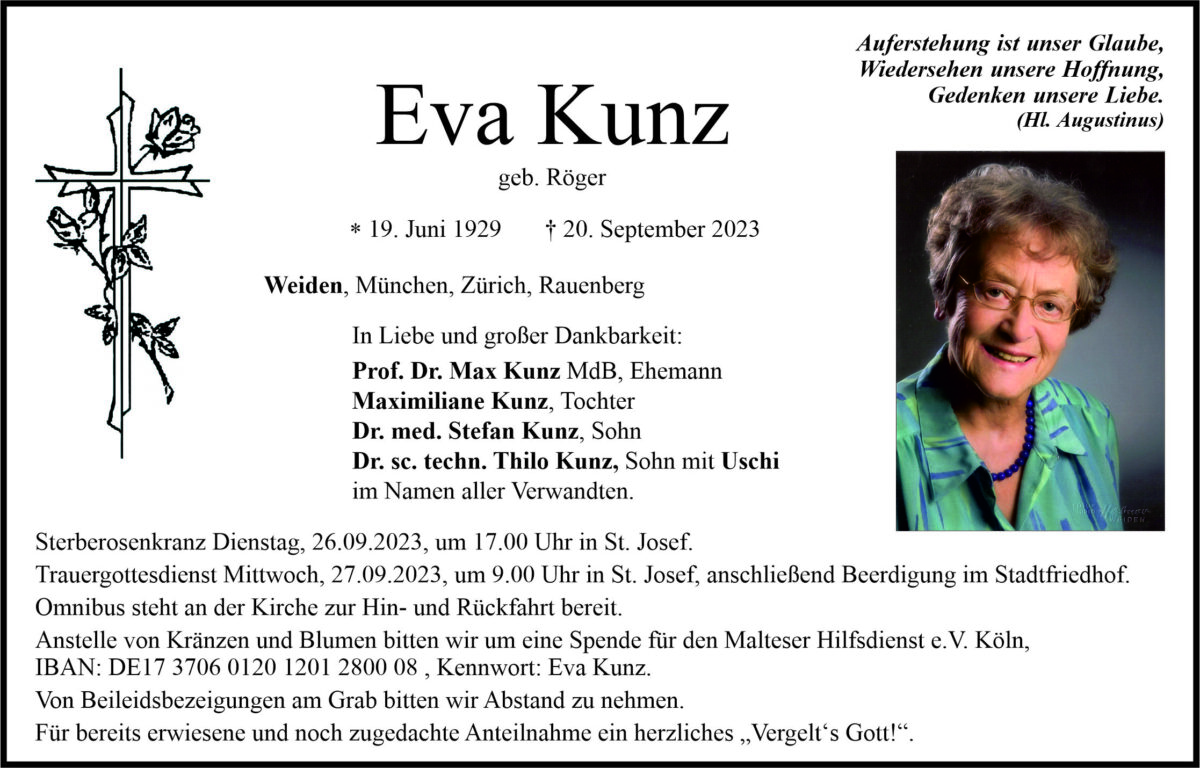 Traueranzeige Eva Kunz, Weiden