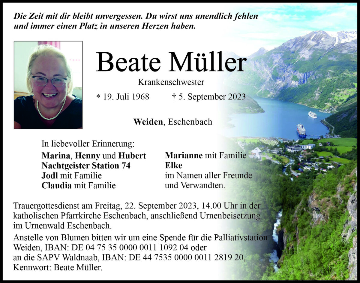 Traueranzeige Beate Müller, Weiden