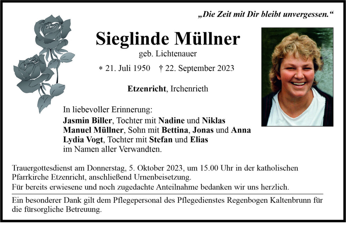 Traueranzeige Sieglinde Müllner, Etzenricht