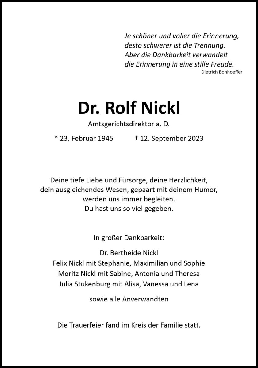 Traueranzeige Dr. Rolf Nickl