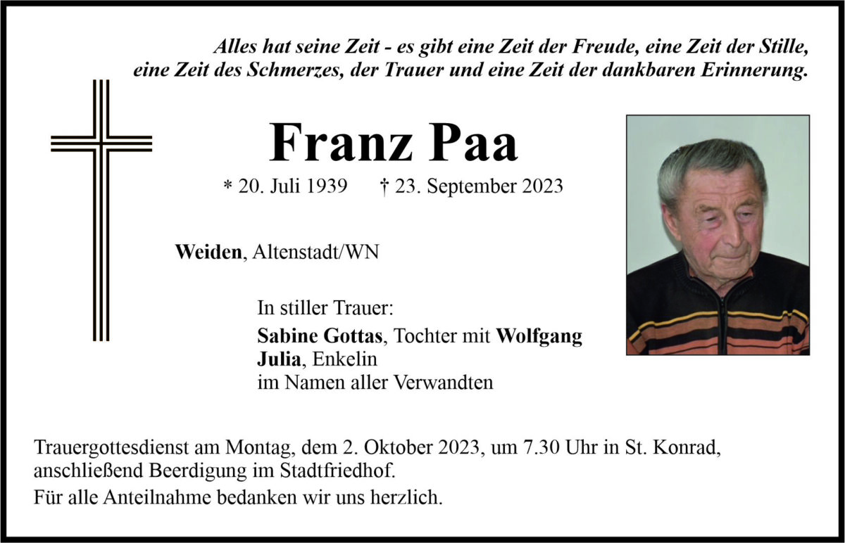 Traueranzeige Franz Paa, Weiden