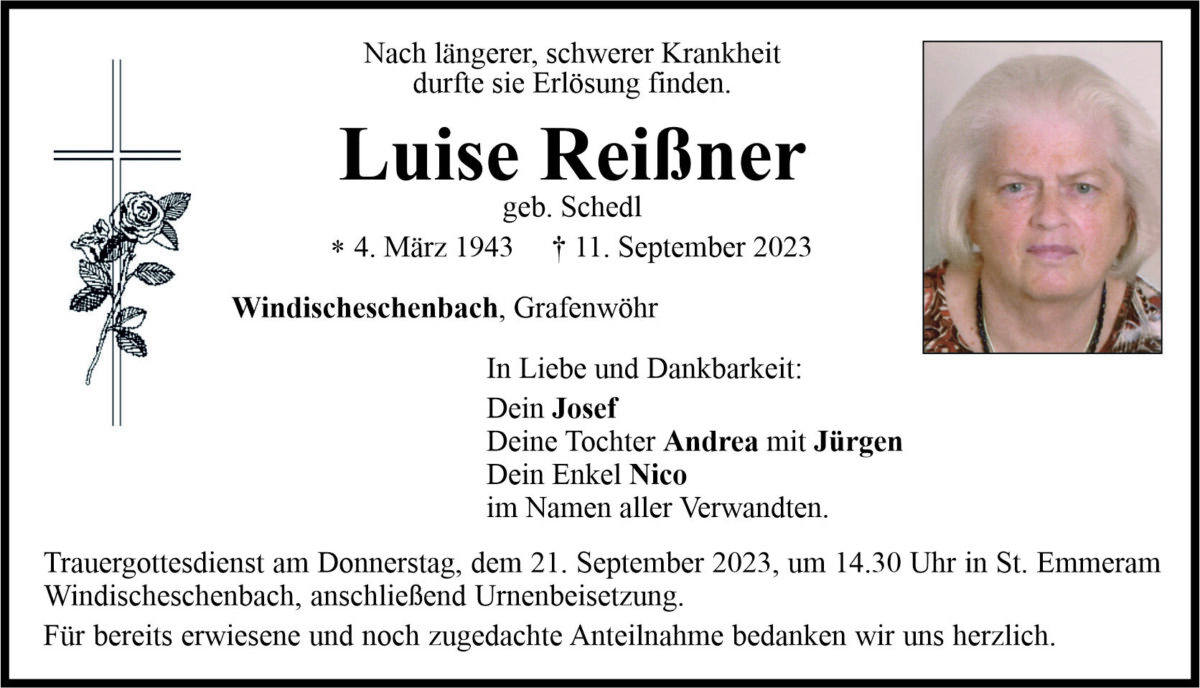 Traueranzeige Luise Reißner, Windischeschenbach