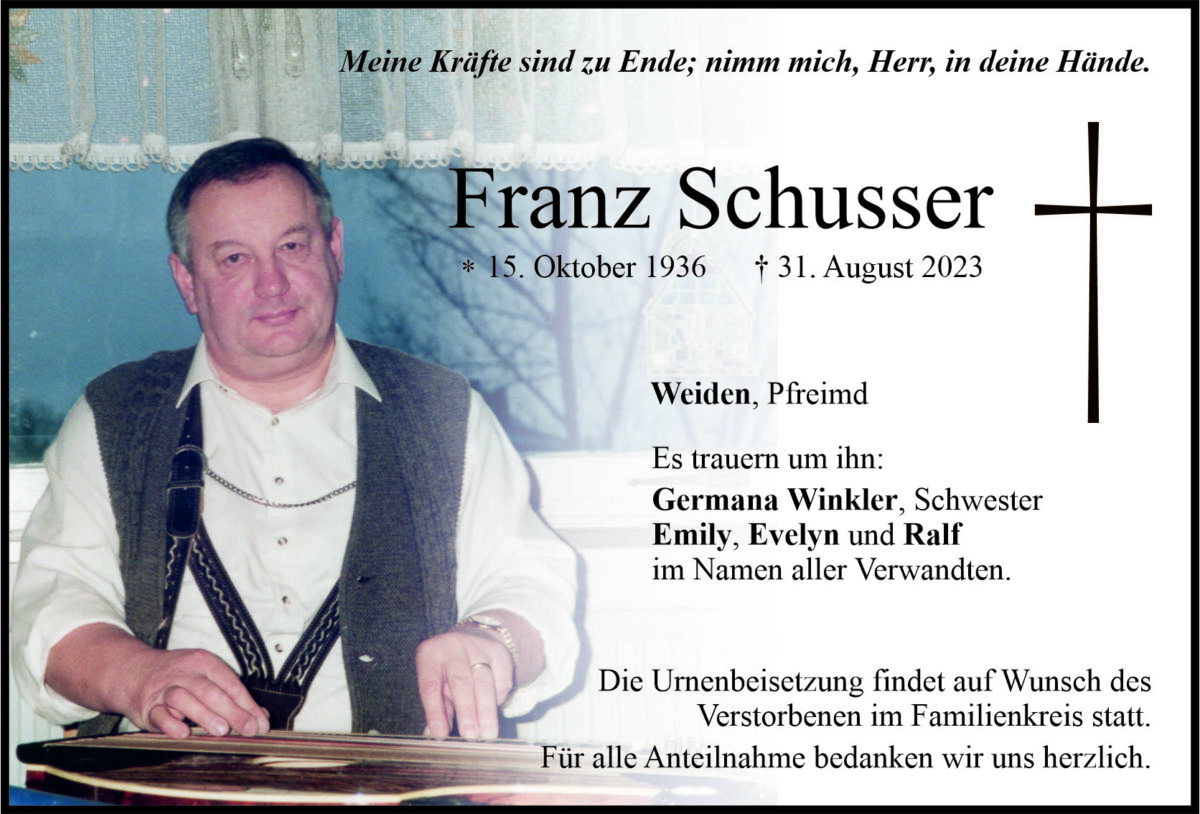 Traueranzeige Franz Schusser, Weiden