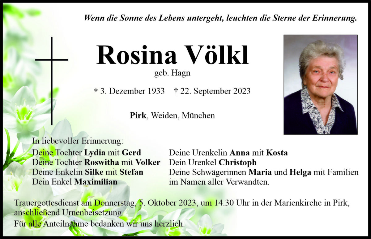 Traueranzeige Rosina Völkl, Pirk