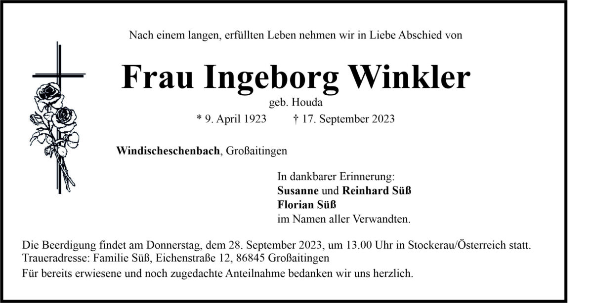 Traueranzeige Ingeborg Winkler, Windischeschenbach