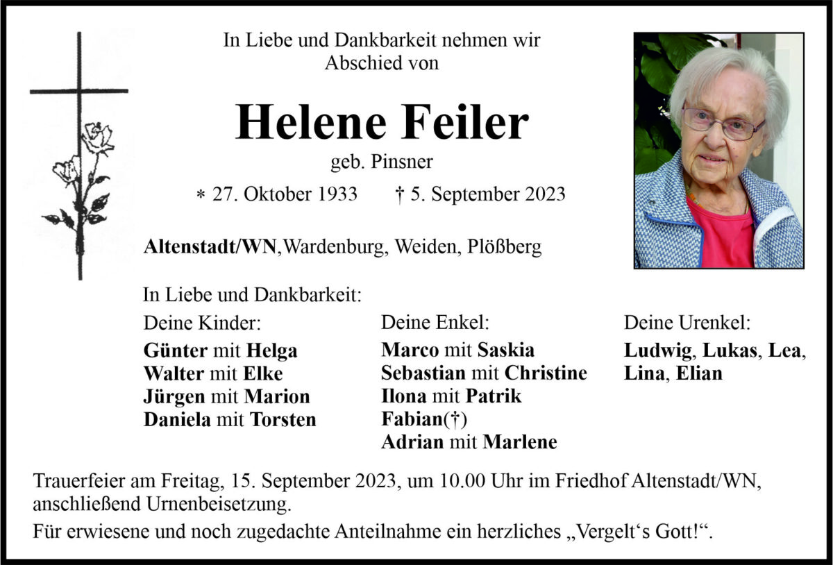 Traueranzeige Helene Feiler, Altenstadt/WN