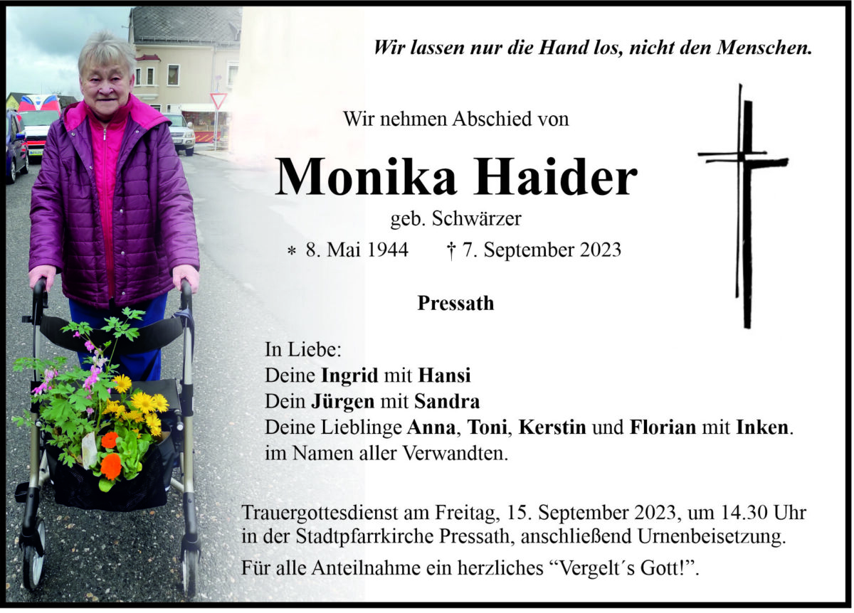 Traueranzeige Monika Haider, Pressath