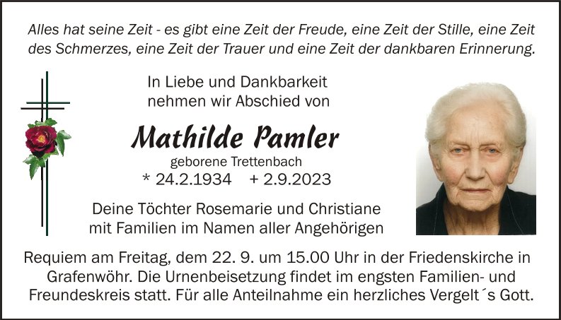 Traueranzeige Mathilde Pamler, Grafenwöhr
