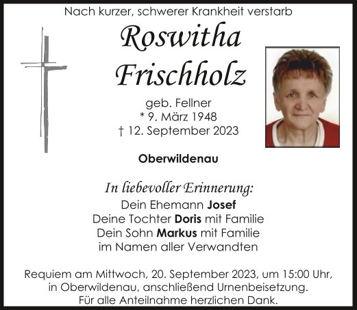 Traueranzeige Roswitha Frischholz, Oberwildenau