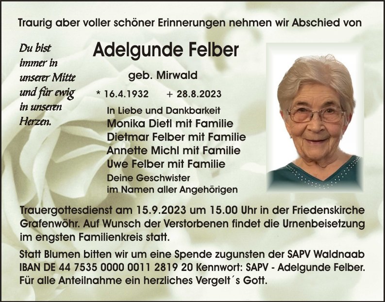 Traueranzeige Adelgunde Felber, Grafenwöhr