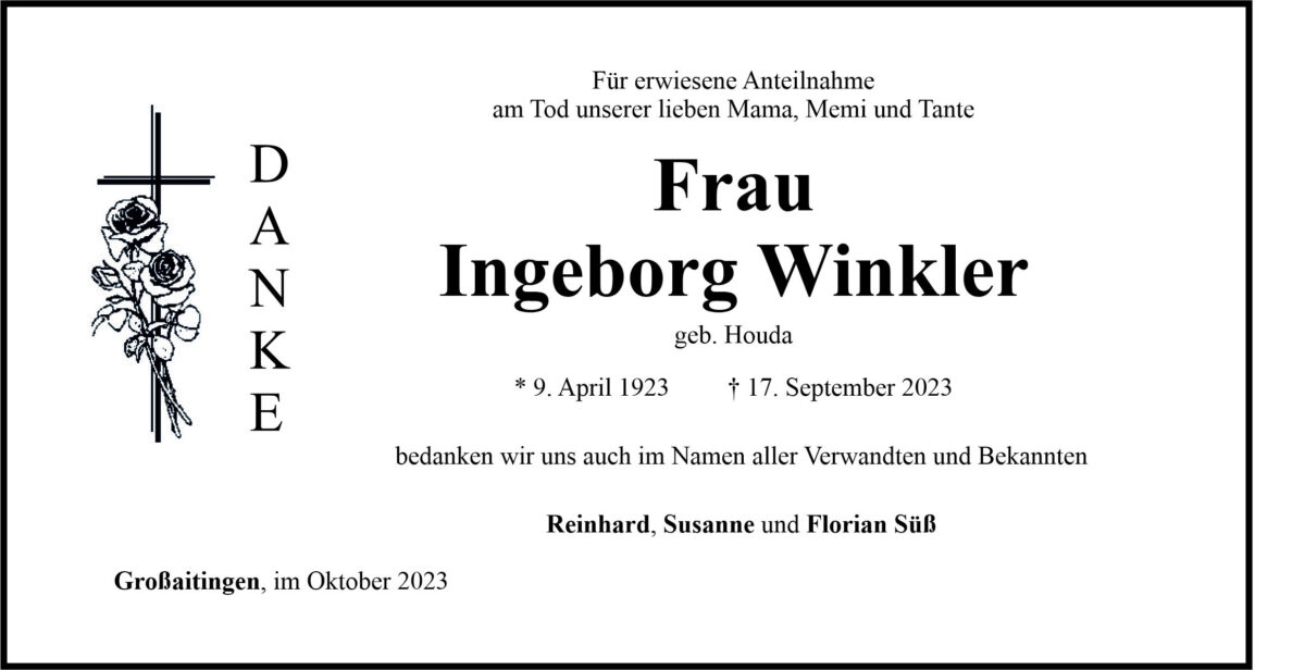 Danksagung Ingeborg Winkler, Großaitingen