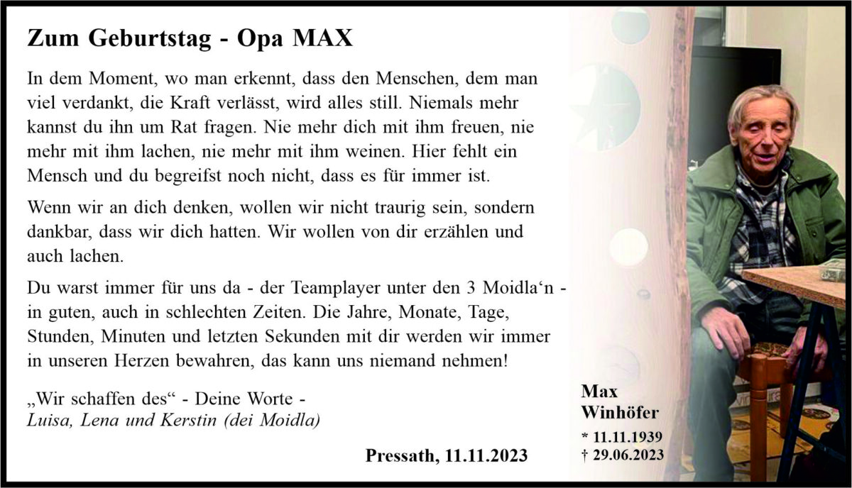 Gedenkanzeige Max Winhöfer, Pressath