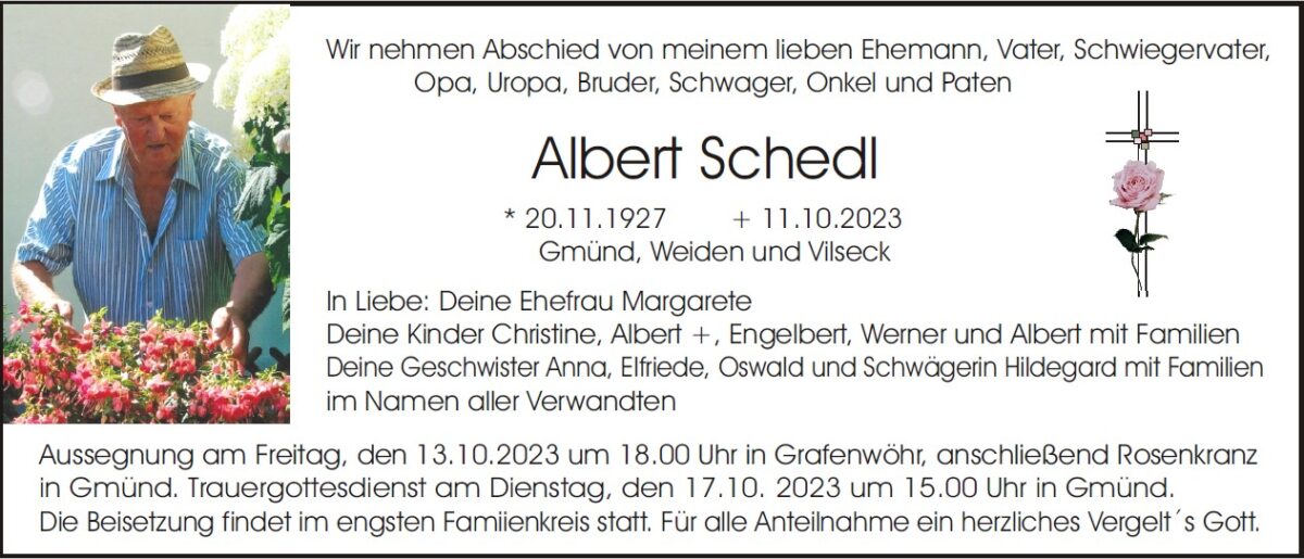 Traueranzeige Albert Schedl, Gmünd
