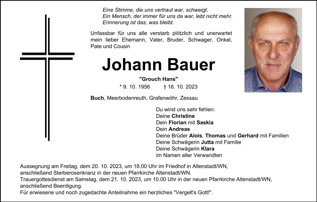 Traueranzeige Johann Bauer, Buch