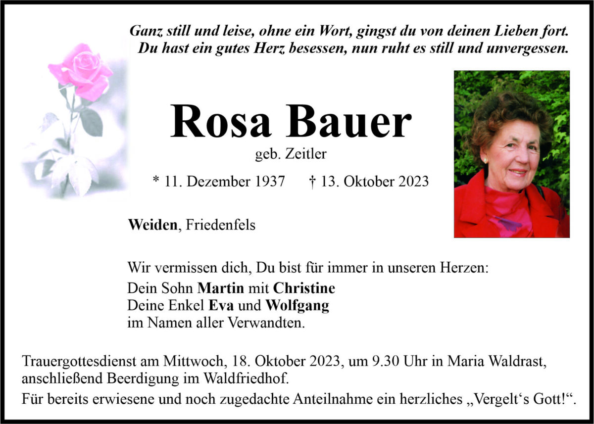 Traueranzeige Rosa Bauer, Weiden