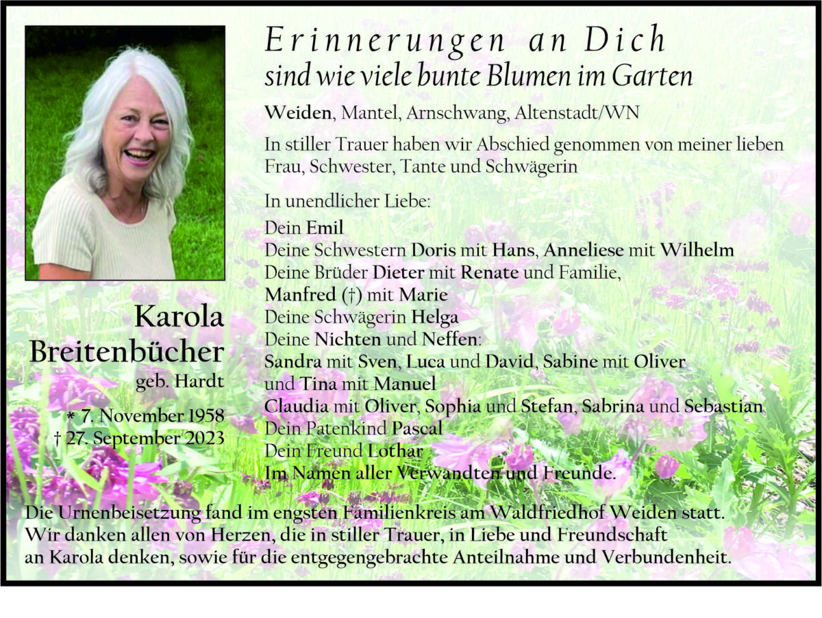 Traueranzeige Karola Breitenbücher, Weiden