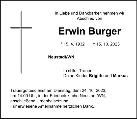 Traueranzeige Erwin Burger, Neustadt/WN