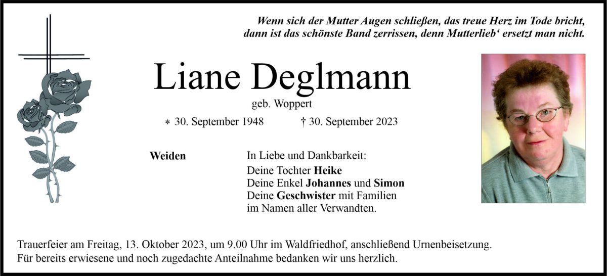 Traueranzeige Liane Deglmann, Weiden