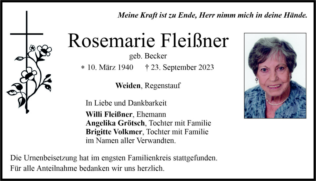 Traueranzeige Rosemarie Fleißner, Weiden