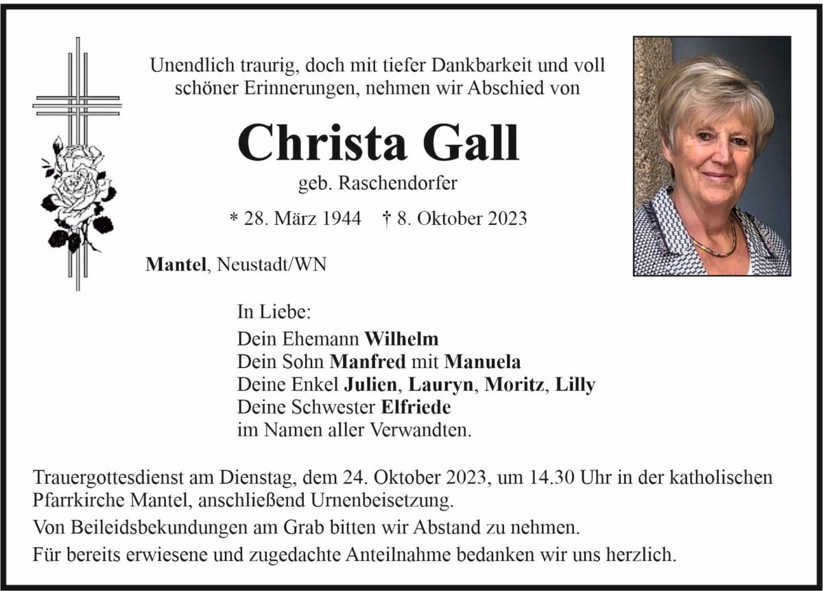 Traueranzeige Christa Gall, Mantel